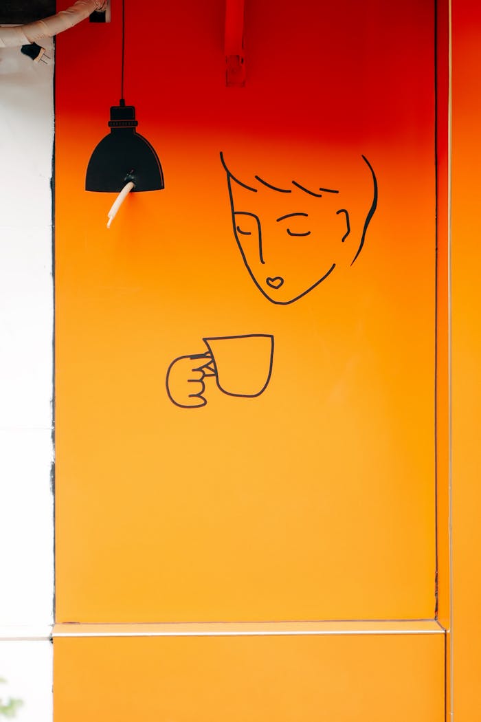 Minimalist black line drawing on an orange wall under a modern light fixture.